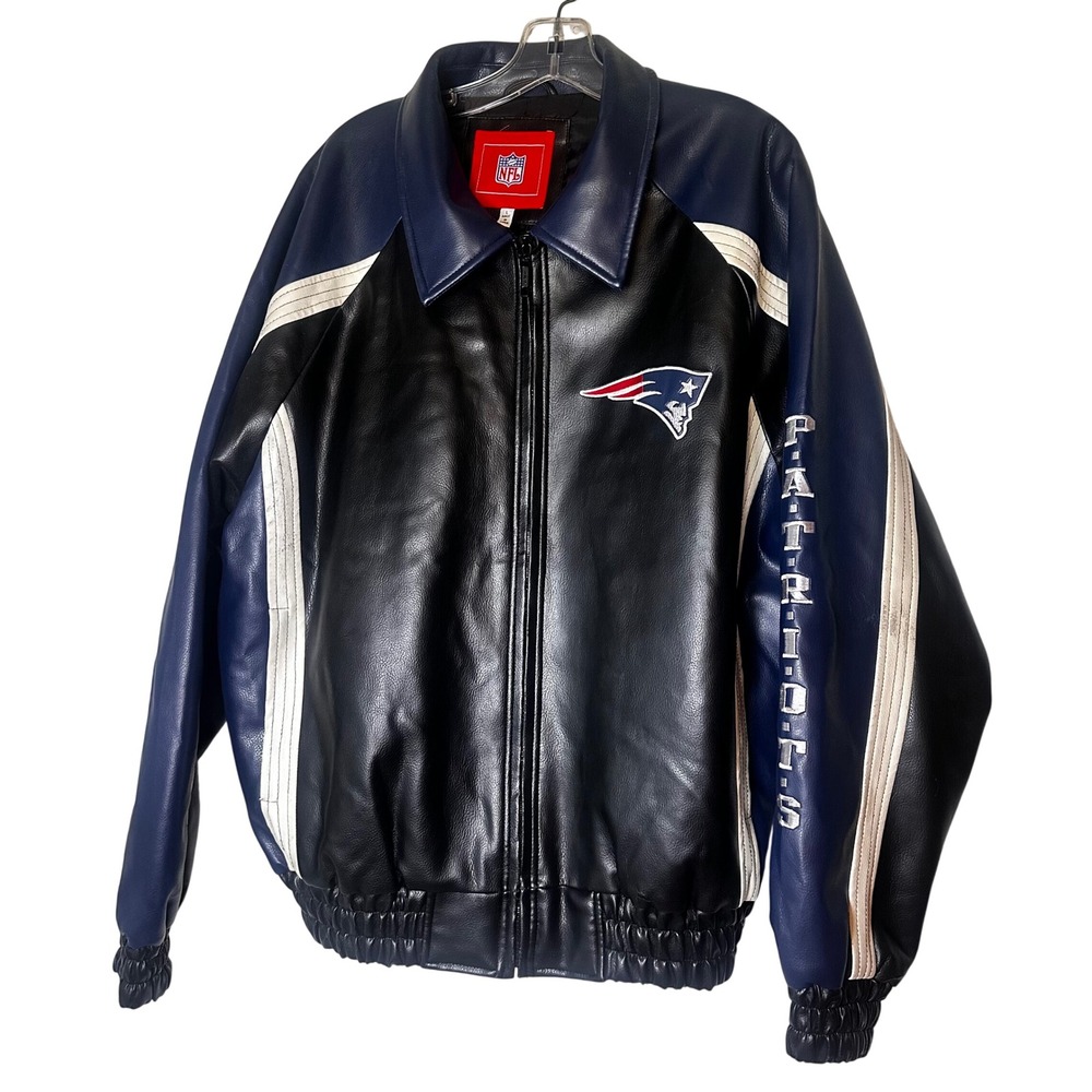 New England Patriots NFL Faux Leather Jacket Distressed Men's Large Logo READ